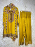 Ready To Wear Mustard Rayon Satin Embroidery Kurti Farshi Salwar With Dupatta