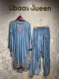 Ready To Wear Dusty Teal Green Cream Sky Powder Blue Rayon Satin Embroidery Farshi Salwar Kurti With Dupatta