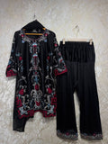 Ready To Wear Black And Orange Natural Crep Silk Embroidery Kurti Farshi Salwar With Dupatta