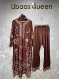Ready To Wear Cream Wine Brown Black Rayon Satin Embroidery Kurti Pant With Dupatta