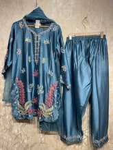 Ready To Wear Dusty Teal Blue And Purple Crunchy Silk Kurti Farshi Salwar With Dupatta