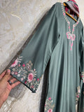 Ready To Wear Dusty Teal Green Cream Sky Powder Blue Rayon Satin Embroidery Farshi Salwar Kurti With Dupatta
