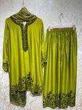 Ready To Wear Green And Maroon Rayon Satin Kurti Palazo With Dupatta