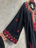 Ready To Wear Black And Pink Rayon Satin Embroidery Kurti Palazo With Dupatta