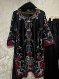 Ready To Wear Black And Orange Natural Crep Silk Embroidery Kurti Farshi Salwar With Dupatta