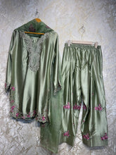 Ready To Wear Pista Green And Purple Natural Crep Silk Embroidery Kurti Farshi Salwar With Dupatta