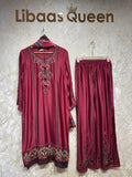 Ready To Wear Maroon Ruby Burgundy Rayon Satin Embroidery Kurti Palazo With Dupatta