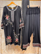 Ready To Wear Black Maroon Navy Blue Copper Brown Rayon Satin Embroidery Kurti Farshi Salwar With Dupatta