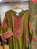 Ready To Wear Dusty Brown Dhani Green IMP Rayon Cotton Thread Work Kurti Palazo With Dupatta