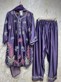 Ready To Wear Dusty Teal Blue And Purple Crunchy Silk Kurti Farshi Salwar With Dupatta