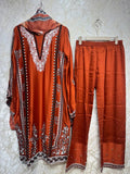 Ready To Wear Maroon White Purple Orange Rayon Satin Embroidery Kurti Palazo With Dupatta