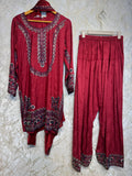 Ready To Wear Crimson Red IMP Rayon Satin Embroidery Kurti Farshi Salwar With Dupatta