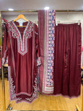 Ready To Wear White Maroon Golden IMP Rayon Cotton Kurti Palazo With Dupatta
