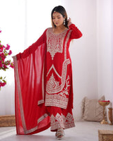 Ready To Wear Red Suit With Heavy Embroidery Thread Work Complete Set