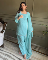 Ready To Wear Sky Blue Crunchy Silk Embroidery Farshi Salwar Suit