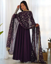 Ready To Wear Purple Anarkali Suit With Thread Work Complete Set With Dupatta