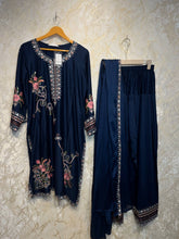 Ready To Wear Navy Blue Rayon Satin Embroidery Kurti Farshi Salwar With Dupatta