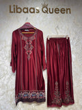 Ready To Wear Maroon Ruby Burgundy Rayon Satin Embroidery Kurti Palazo With Dupatta