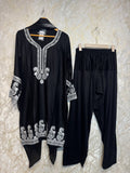 Ready To Wear Black Rayon Satin Embroidery Kurti Farshi Salwar With Dupatta