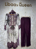 Ready To Wear Purple Green Giza Cotton Embroidery Kurti Pant With Dupatta
