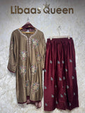 Ready To Wear White Maroon Black Taupe Brown Rayon Satin Embroidery Kurti Palazo With Dupatta