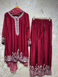 Ready To Wear Green And Maroon Rayon Satin Kurti Palazo With Dupatta