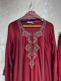Ready To Wear Maroon Ruby Burgundy Rayon Satin Embroidery Kurti Palazo With Dupatta