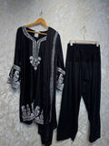 Ready To Wear Black Rayon Satin Embroidery Kurti Farshi Salwar With Dupatta