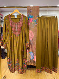 Ready To Wear Golden Dark Aqua Green Cream Purple Sky Blue IMP Rayon Cotton Kurti Palazo With Dupatta