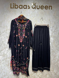Ready To Wear Fanta Color White Black Rayon Satin Embroidery Kurti Pant With Dupatta