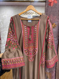 Ready To Wear Dusty Brown Dhani Green IMP Rayon Cotton Thread Work Kurti Palazo With Dupatta