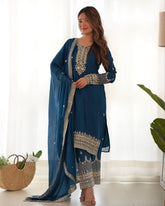 Ready To Wear Teal Blue Pure Chinon Silk Embroidery Kurti Pant