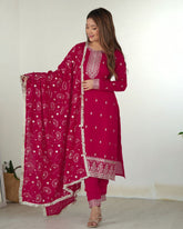 Premium Pink And Purple Pure Silk Sequence Work Pant Suit With Dupatta