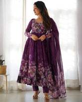 Ready To Wear Purple Anarkali Suit With Digital Print And Thread Work