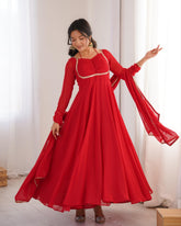 Premium Red Soft Georgette Embroidery Gown Set With Dupatta