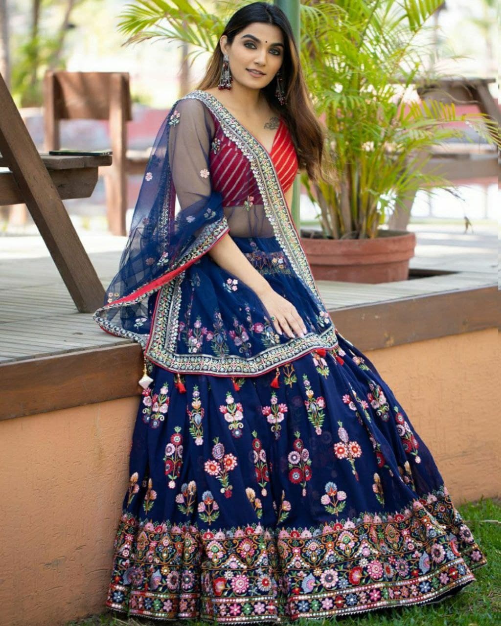 Buy Navy Blue Georgette Embroidery Work Lehenga Choli