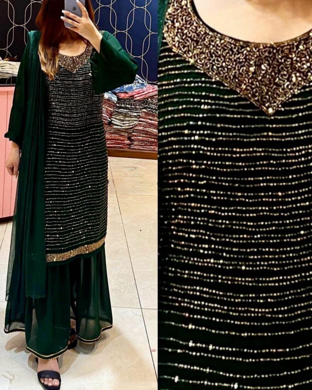 Beautiful Green Pure Georgette Embroidery Work Palazo Suit