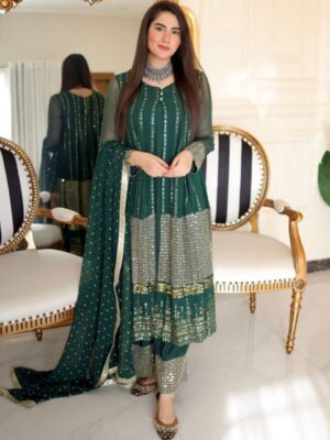 Green Pure Georgette Sequence Zari Work Palazo With Dupatta