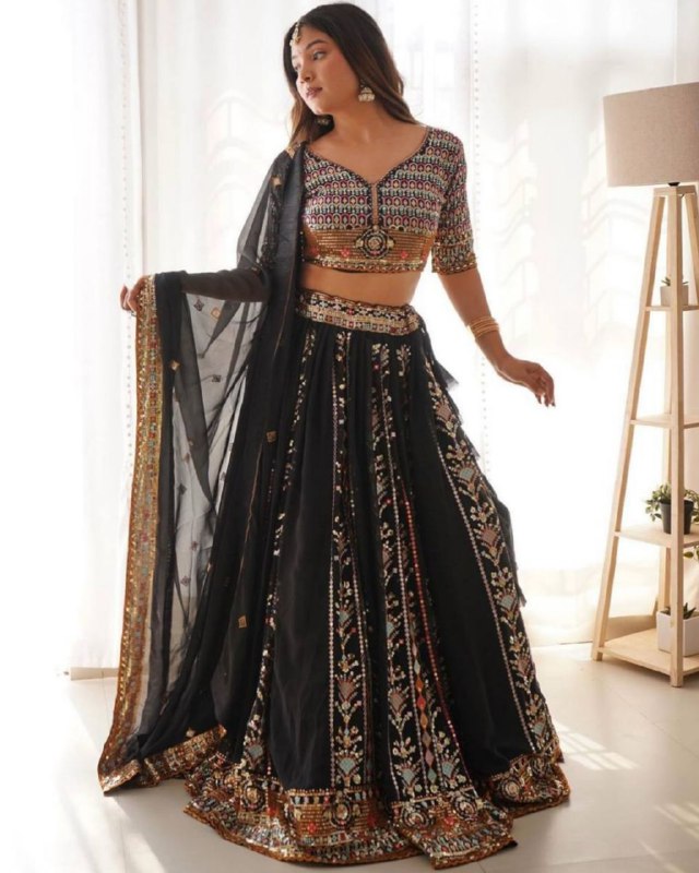 Black Faux Georgette Sequence Work Lehenga Choli With Dupatta