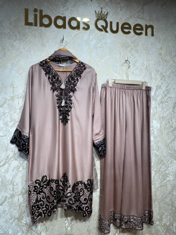 Ready To Wear Dusty Rose Black White Rayon Satin Embroidery Kurti Palazo With Dupatta