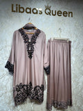 Ready To Wear Dusty Rose Black White Rayon Satin Embroidery Kurti Palazo With Dupatta