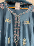 Ready To Wear Dusty Teal Blue And Purple Crunchy Silk Kurti Farshi Salwar With Dupatta