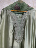 Ready To Wear Pista Green And Purple Natural Crep Silk Embroidery Kurti Farshi Salwar With Dupatta