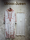 Ready To Wear Fanta Color White Black Rayon Satin Embroidery Kurti Pant With Dupatta