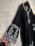 Ready To Wear Black Rayon Satin Embroidery Kurti Farshi Salwar With Dupatta