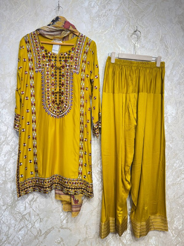 Ready To Wear Mustard Rayon Satin Embroidery Kurti Farshi Salwar With Dupatta
