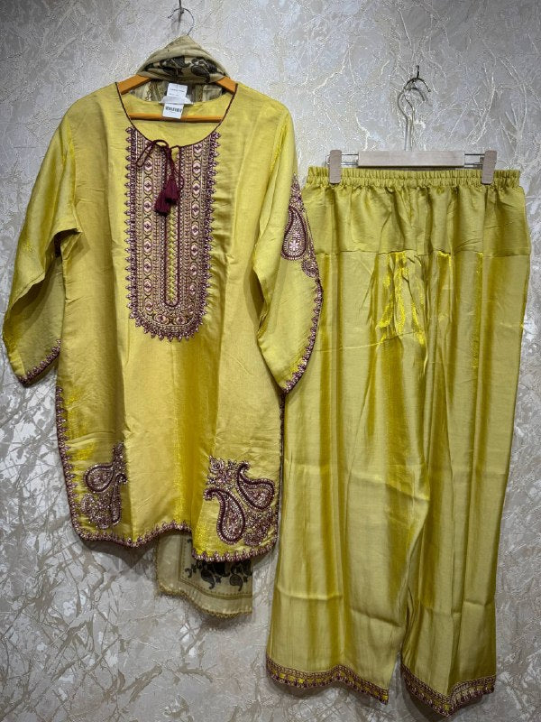 Ready To Wear Golden Yellow Crunchy Silk Kurti Farshi Salwar With Dupatta