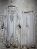 Ready To Wear Sky Blue White Pista Green IMP Crunchy Silk Kurti Palazo With Dupatta