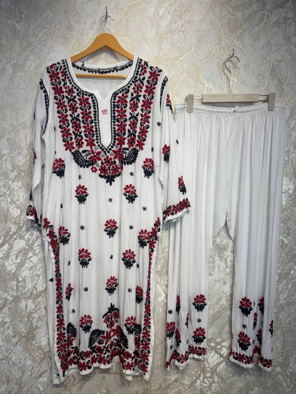 Ready To Wear White Red Rayon Cotton Chikankari Kurti Palazo