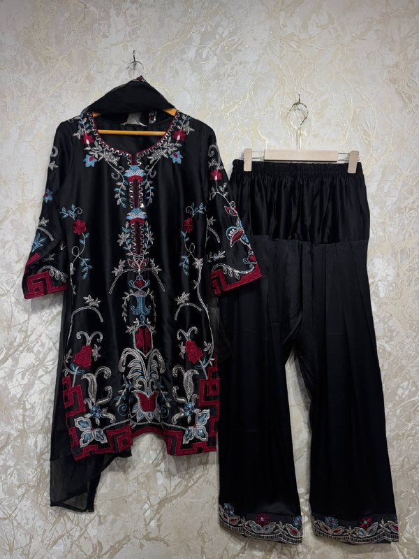 Ready To Wear Black And Orange Natural Crep Silk Embroidery Kurti Farshi Salwar With Dupatta